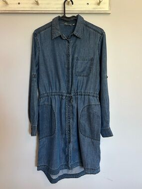 Denim Shirt Dress with Drawstring Waist - Blue